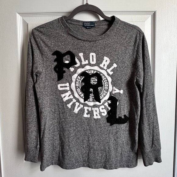 Boy's Medium Polo Ralph Lauren Polo University Marled Gray PRL Felt Patch Shirt - Picture 7 of 7